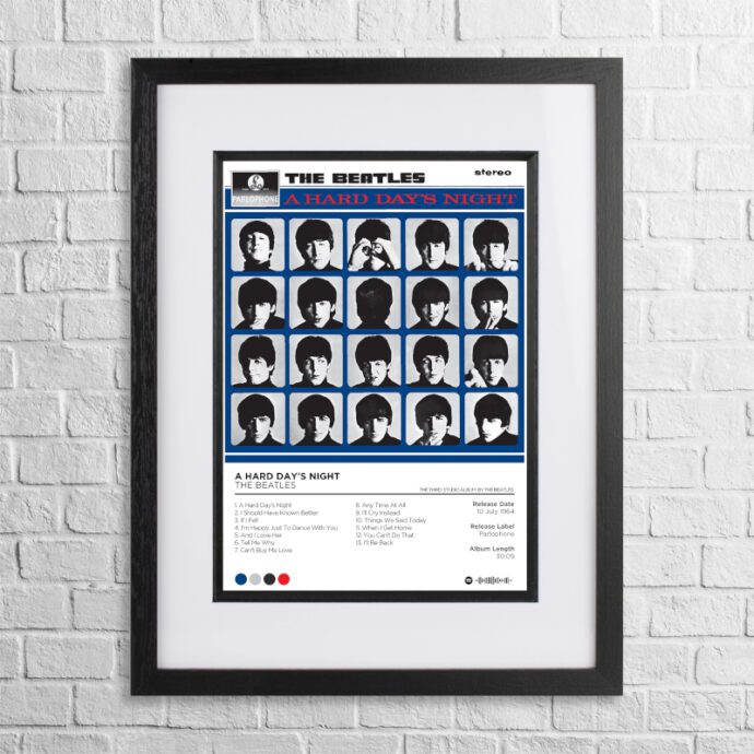 A4 custom design poster of The Beatles - A Hard Day's Night in a black, dual-aspect frame on a white brick background