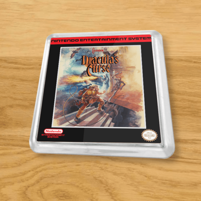 Plastic Castlevania 3 coaster on a wood table