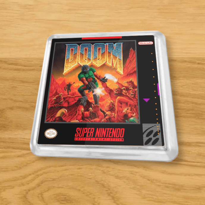 Plastic Doom coaster on a wood table