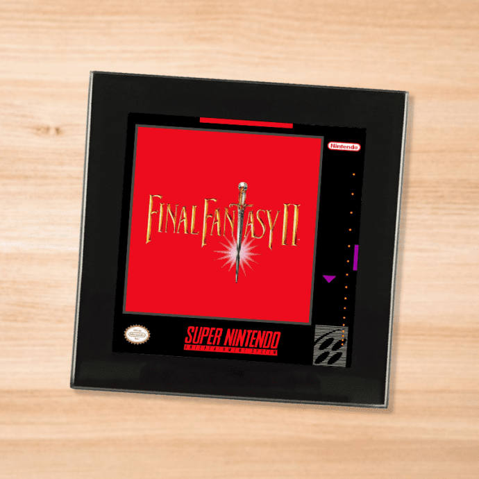 Black glass Final Fantasy 2 coaster on a wood table