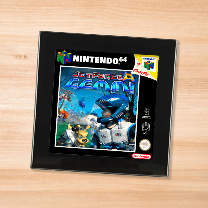 Black glass Jet Force Gemini coaster on a wood table