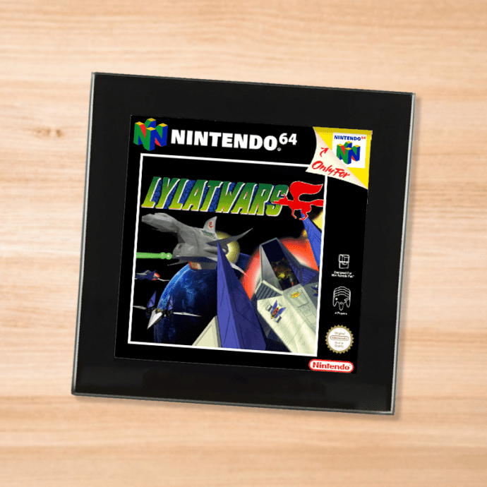Black glass Lylat Wars coaster on a wood table