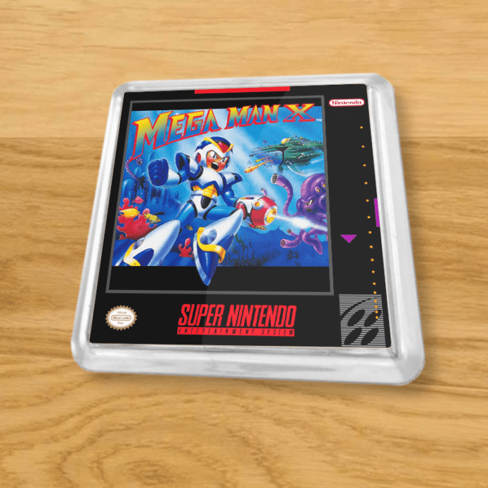 Plastic Mega Man X coaster on a wood table