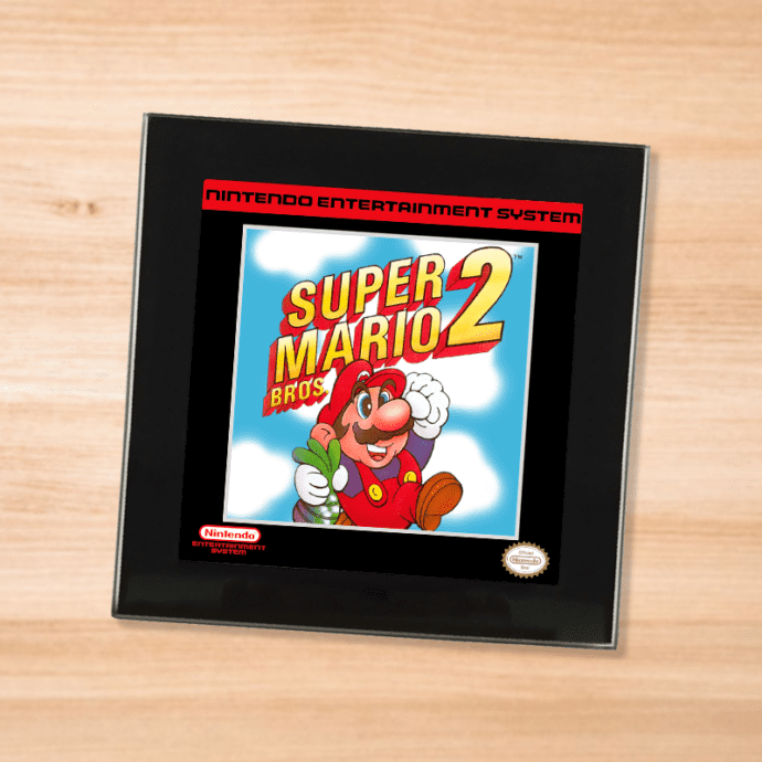 Black glass Super Mario Bros 2 coaster on a wood table