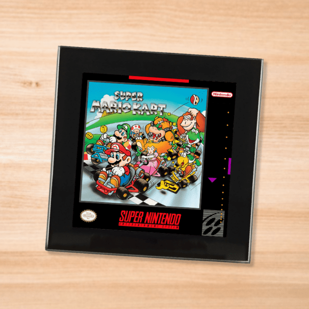 Black glass Super Mario Kart coaster on a wood table