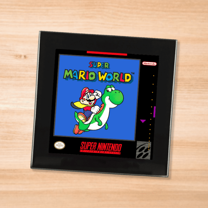 Black glass Super Mario World coaster on a wood table