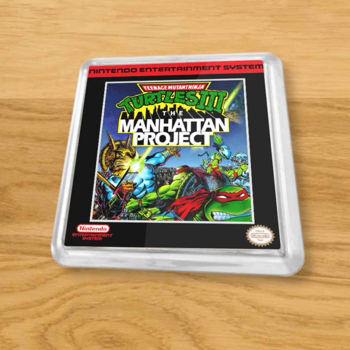 Plastic Teenage Mutant Ninja Turtles 3 coaster on a wood table