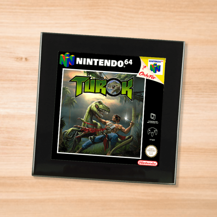 Black glass Turok coaster on a wood table