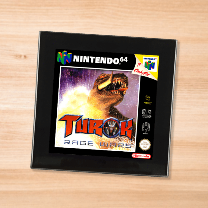 Black glass Turok Rage Wars coaster on a wood table