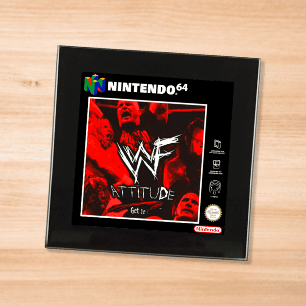 Black glass WWF Attitude coaster on a wood table