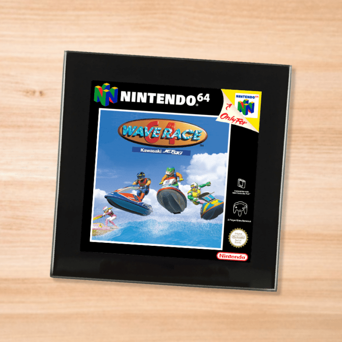 Black glass Wave Race 64 coaster on a wood table