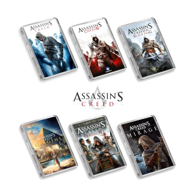 6 Assassin's Creed fridge magnets on a white background with an Assassin's Creed logo