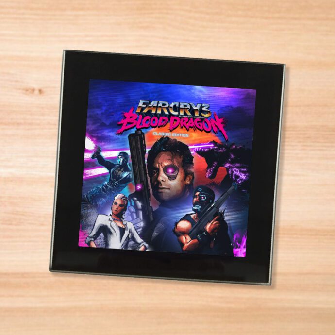 Black glass Far Cry 3 Blood Dragon coaster on a wood table