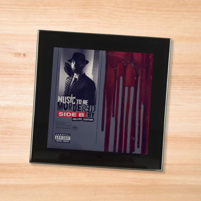 Black glass Eminem - Music to be Murdered By Side B coaster on a wood table