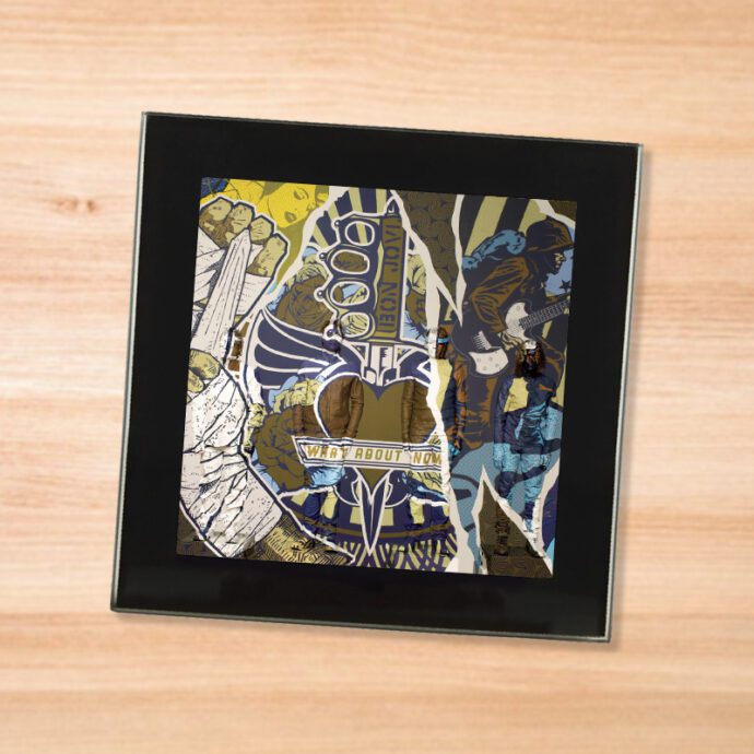 Black glass Bon Jovi - What About Now coaster on a wood table
