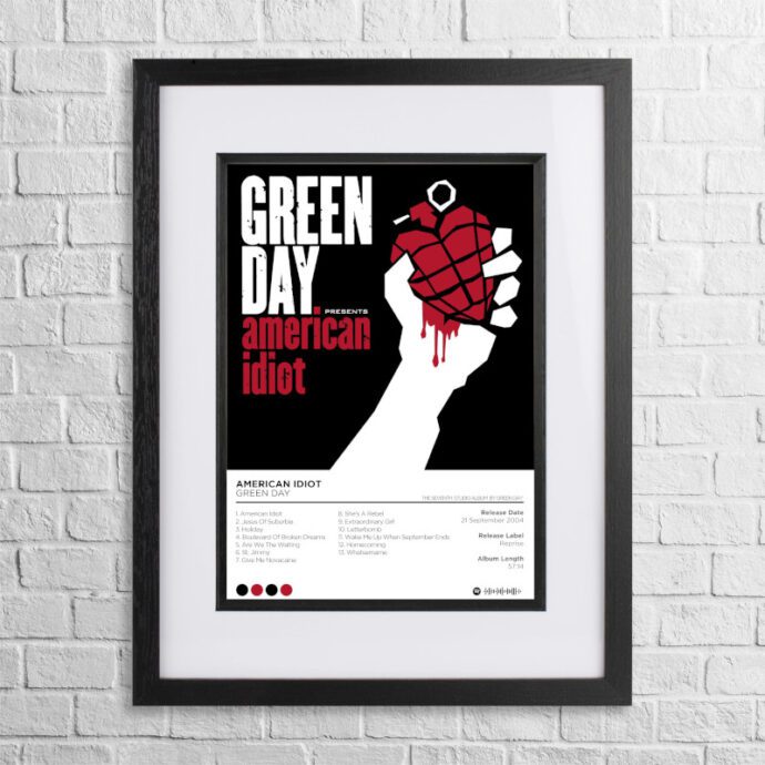 A4 custom design poster of Green Day - American Idiot in a black, dual-aspect frame