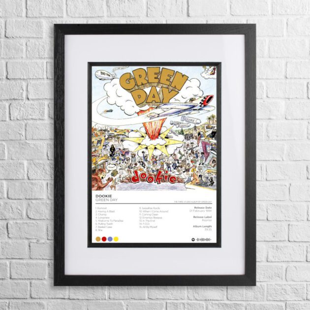 A4 custom design poster of Green Day - Dookie in a black, dual-aspect frame