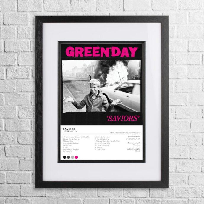 A4 custom design poster of Green Day - Saviors in a black, dual-aspect frame