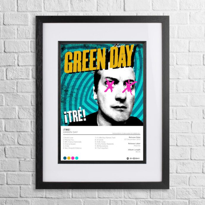 A4 custom design poster of Green Day - Tre! in a black, dual-aspect frame