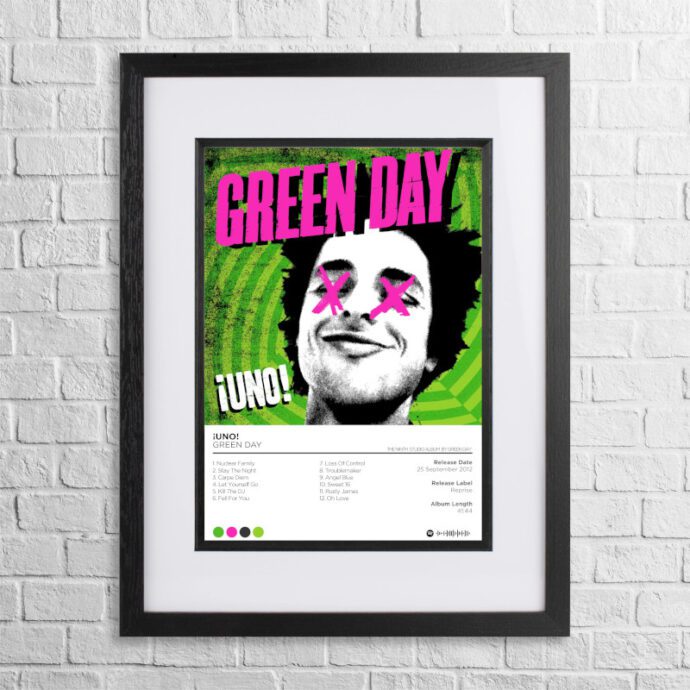A4 custom design poster of Green Day - Uno! in a black, dual-aspect frame