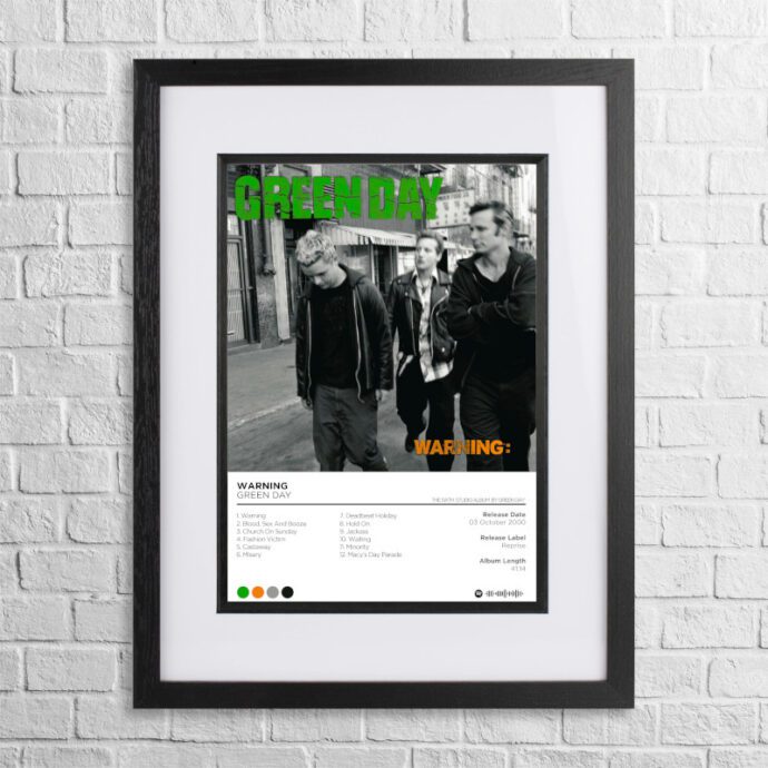A4 custom design poster of Green Day - Warning in a black, dual-aspect frame