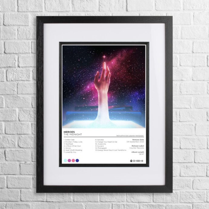 A4 custom design poster of The Midnight - Heroes in a black, dual-aspect frame on a white brick background