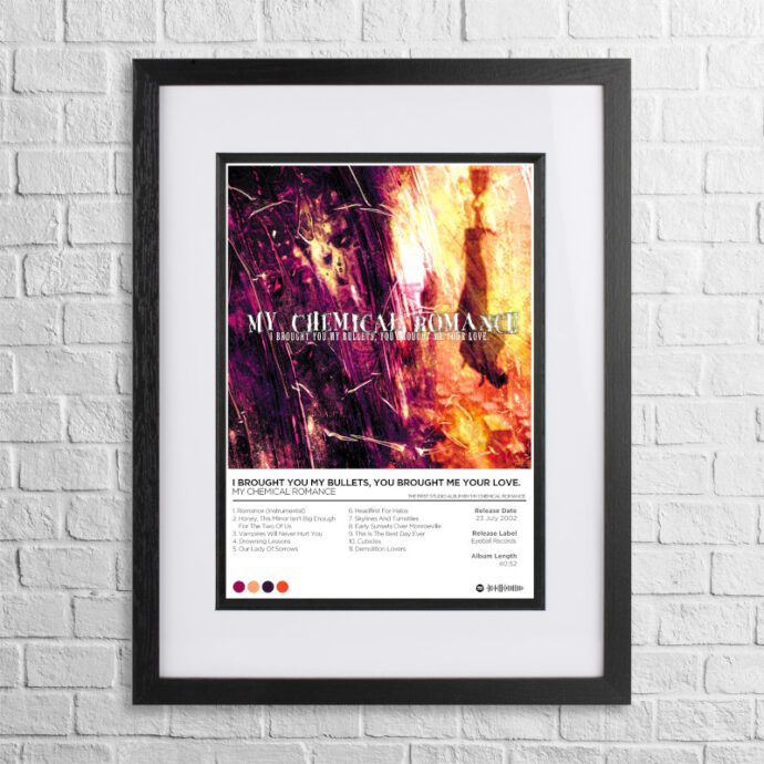 A4 custom design poster of My Chemical Romance - I Brought You My Bullets in a black, dual-aspect frame