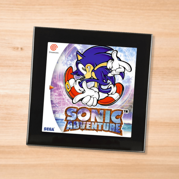 Black glass Sonic Adventure coaster on a wood table