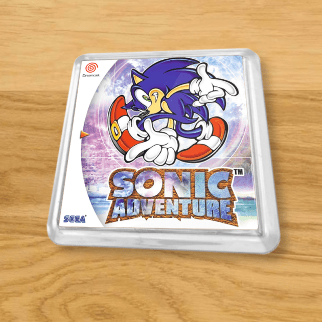 Plastic Sonic Adventure coaster on a wood table