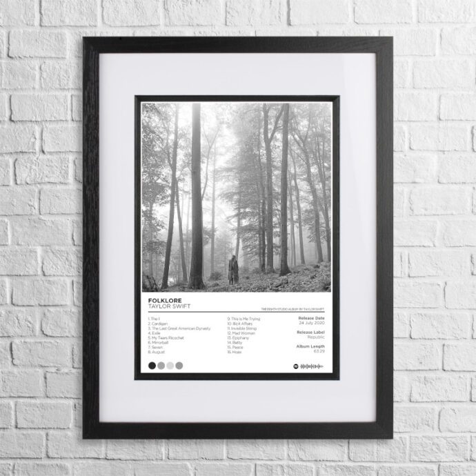 A4 custom design poster of Taylor Swift - Folklore in a black, dual-aspect frame
