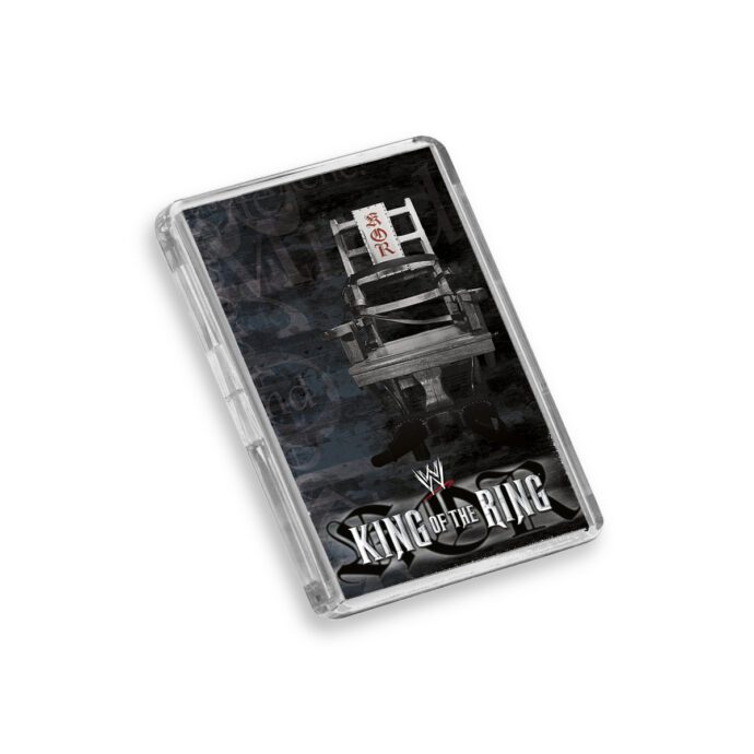 Plastic WWE King of the Ring 2001 fridge magnet on white background