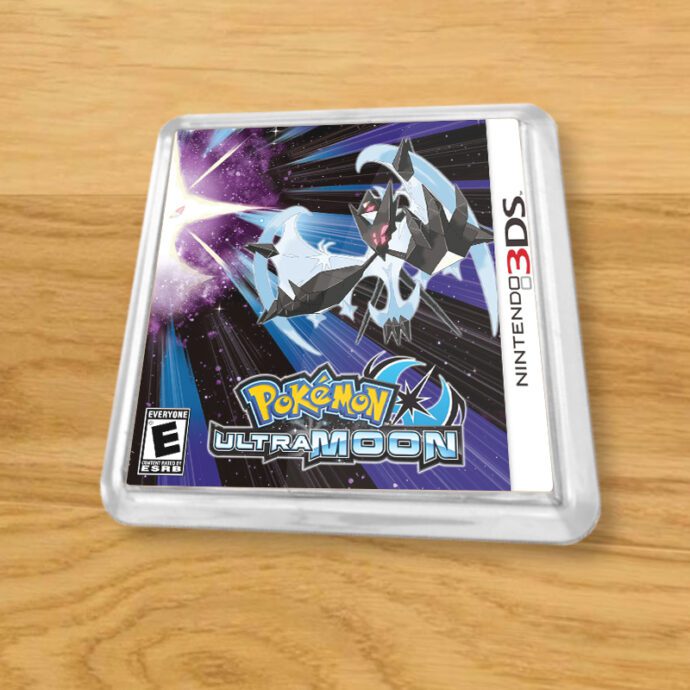 Pokemon Ultra Moon plastic coaster on a wood table