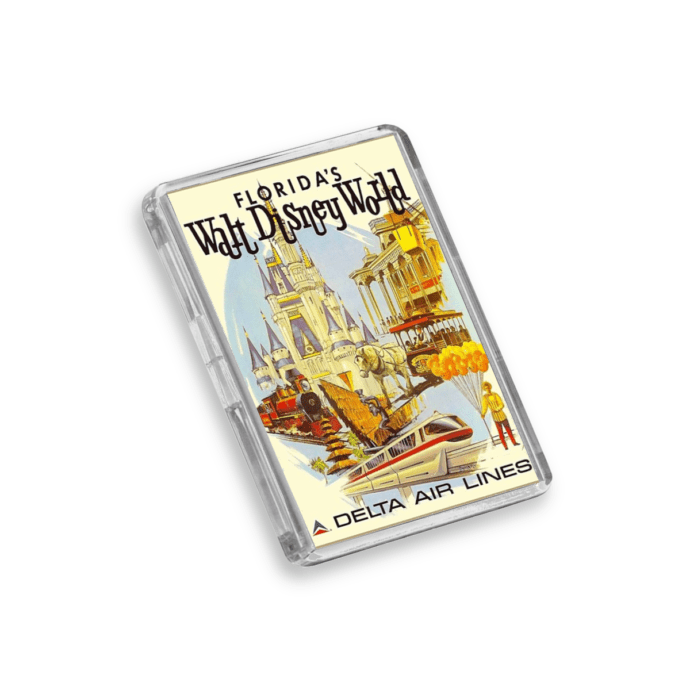 Plastic vintage Walt Disney World Disney World fridge magnet on a white background