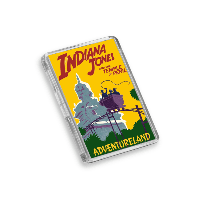 Plastic Indiana Jones Disney World fridge magnet on a white background