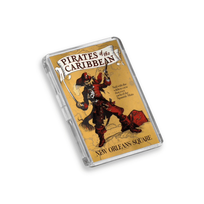 Plastic Pirates of the Caribbean Disney World fridge magnet on a white background