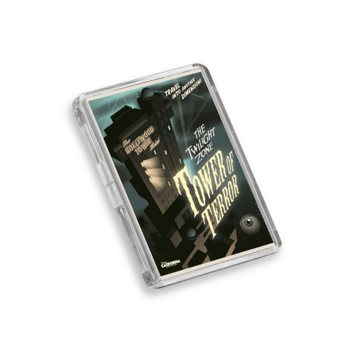 Plastic Tower of Terror Disney World fridge magnet on a white background