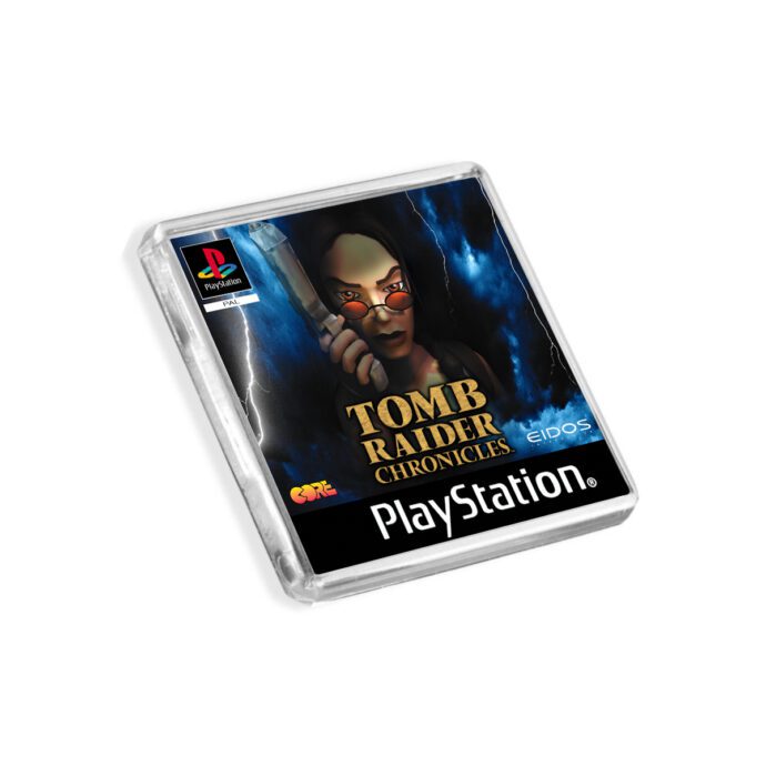 Plastic Tomb Raider Chronicles PS1 fridge magnet on a white background