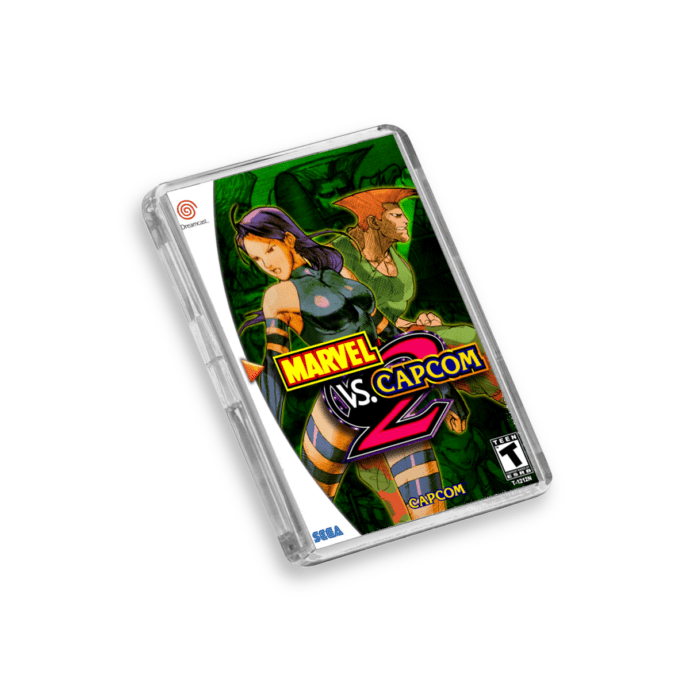 Plastic Dreamcast Marvel vs Capcom 2 fridge magnet on a white background