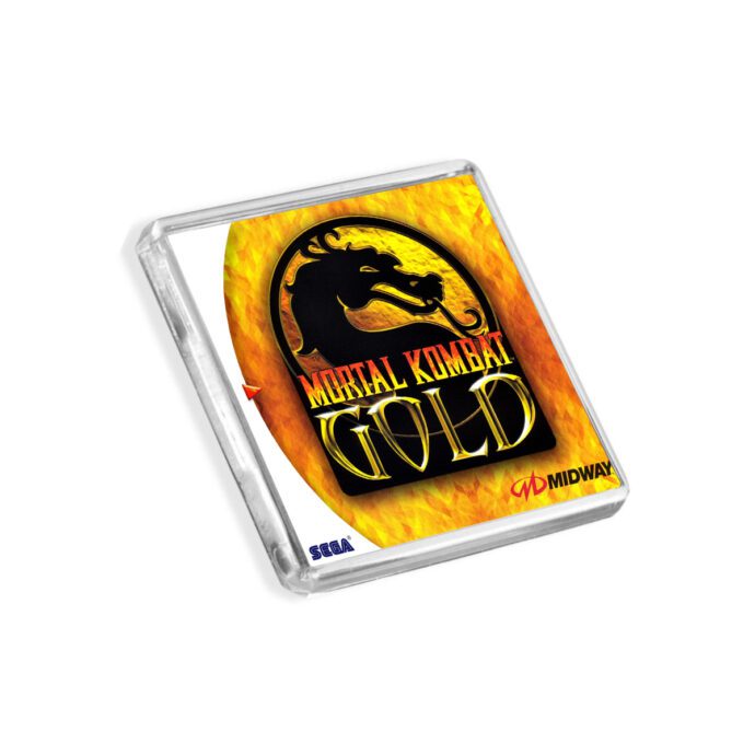 Plastic Dreamcast Mortal Kombat Gold fridge magnet on a white background