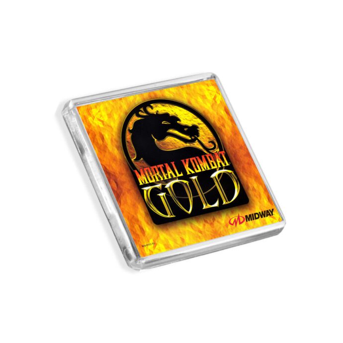 Plastic Dreamcast Mortal Kombat Gold fridge magnet on a white background