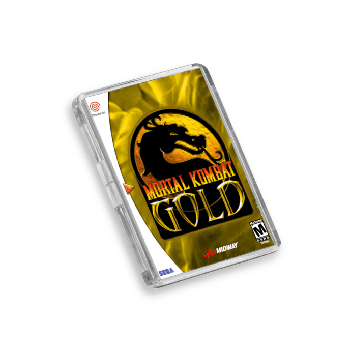 Plastic Dreamcast Mortal Kombat Gold fridge magnet on a white background