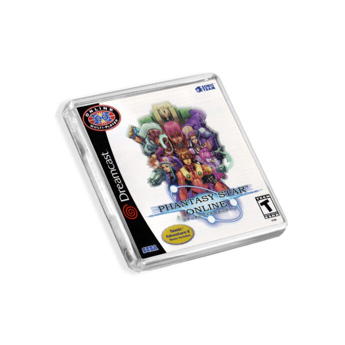 Plastic Dreamcast Phantasy Star Online fridge magnet on a white background
