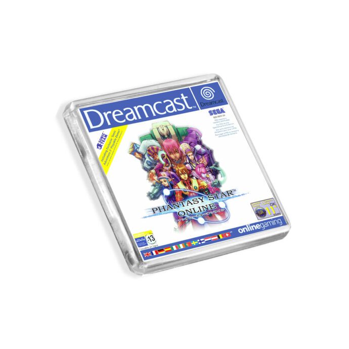Plastic Dreamcast Phantasy Star Online fridge magnet on a white background