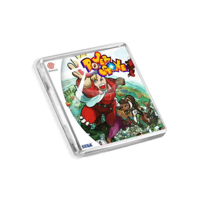 Plastic Dreamcast Power Stone fridge magnet on a white background