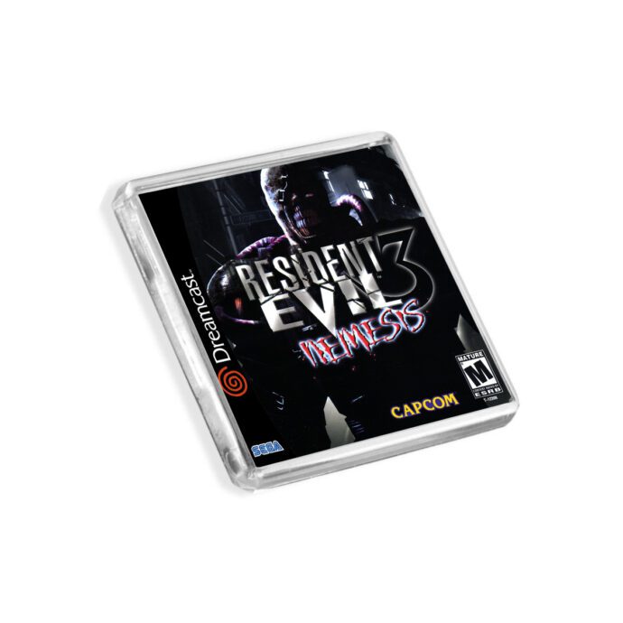Plastic Dreamcast Resident Evil 3 fridge magnet on a white background