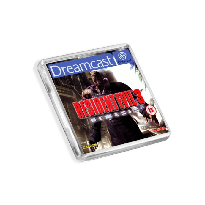 Plastic Dreamcast Resident Evil 3 fridge magnet on a white background