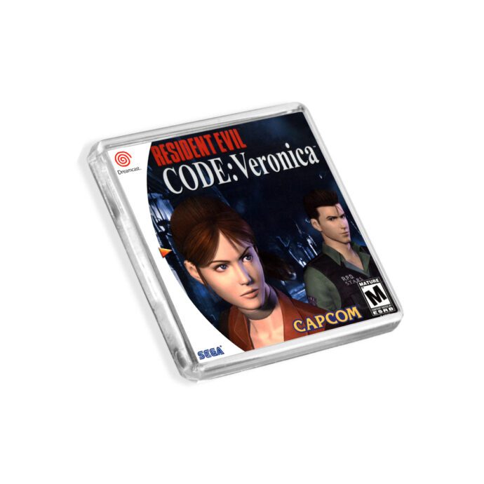 Plastic Dreamcast Resident Evil Code Veronica fridge magnet on a white background