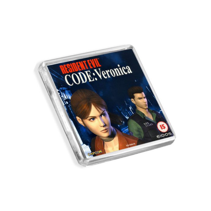 Plastic Dreamcast Resident Evil Code Veronica fridge magnet on a white background
