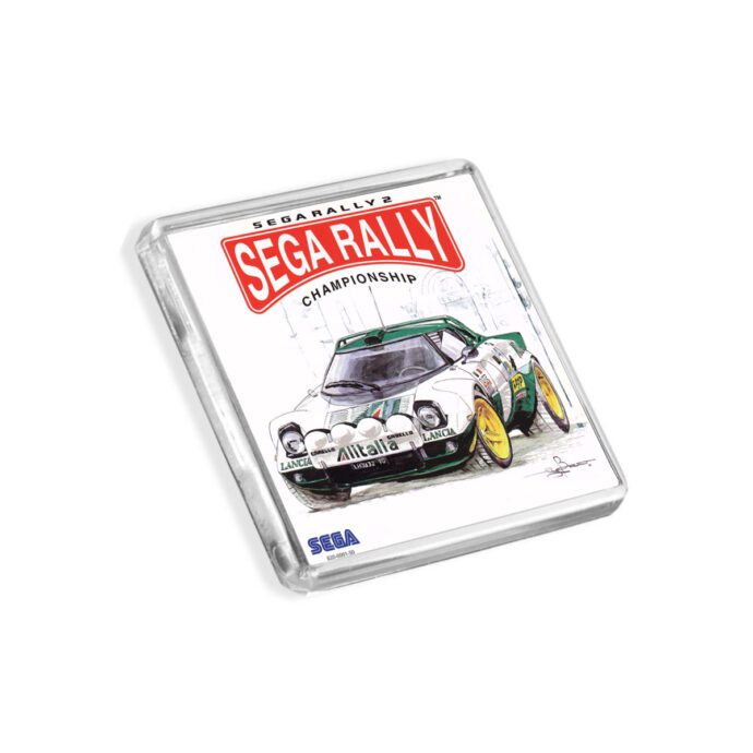 Plastic Dreamcast Sega Rally 2 fridge magnet on a white background