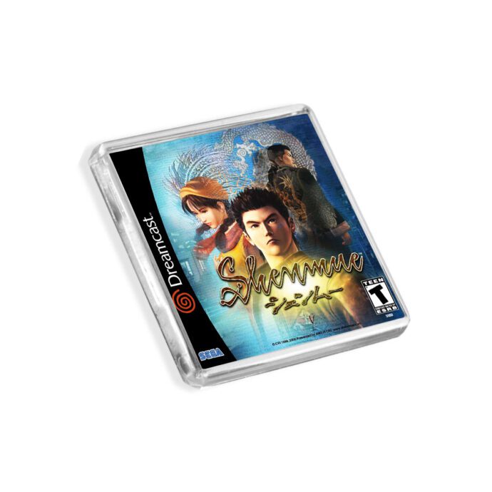 Plastic Dreamcast Shenmue fridge magnet on a white background